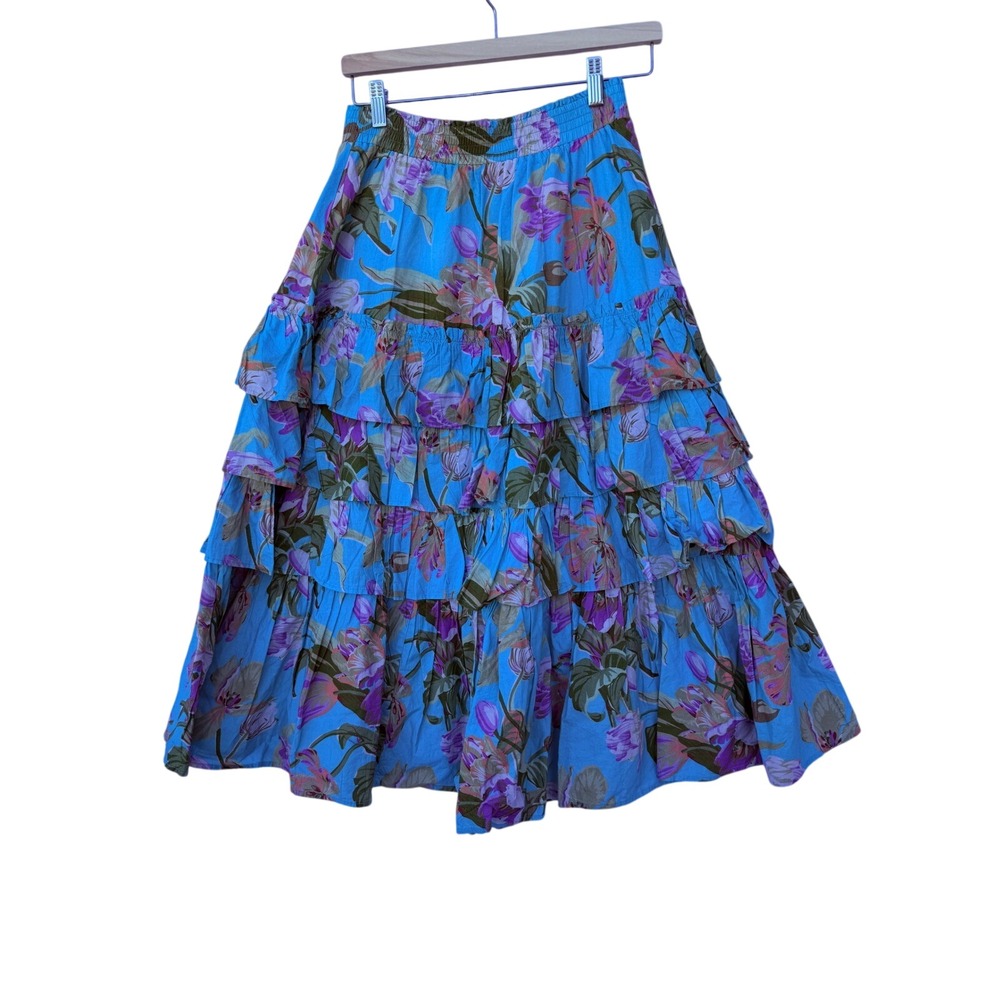 Love the Label Blue Floral Tiered Cotton Maxi Skirt Elastic Waist Womens XS